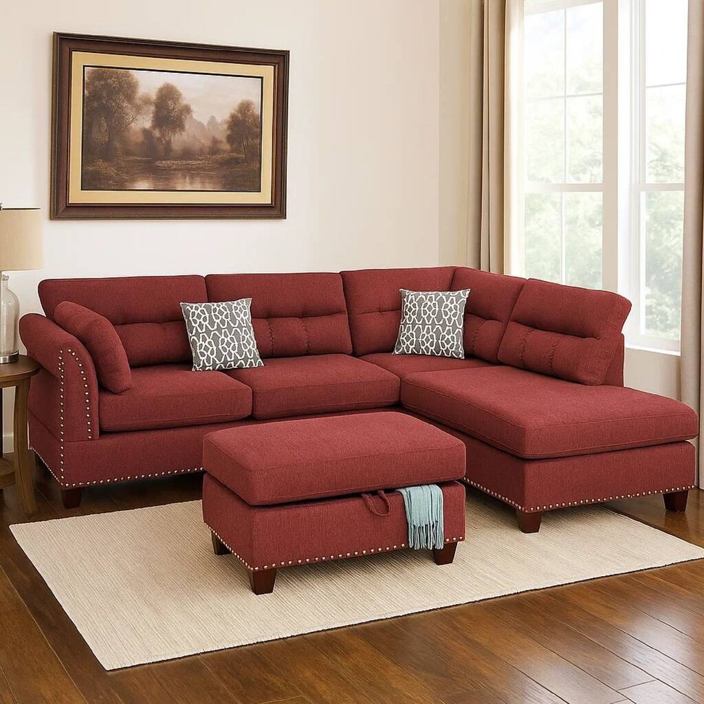 3 Piece Sectional Sofa with Reversible Chaise and Ottoman, Red