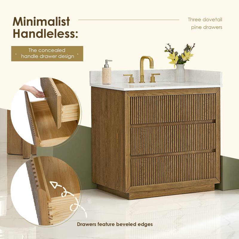 Navan Bathroom Vanity in Weathered Brown with Grain White Engineered Stone Countertop No Mirror