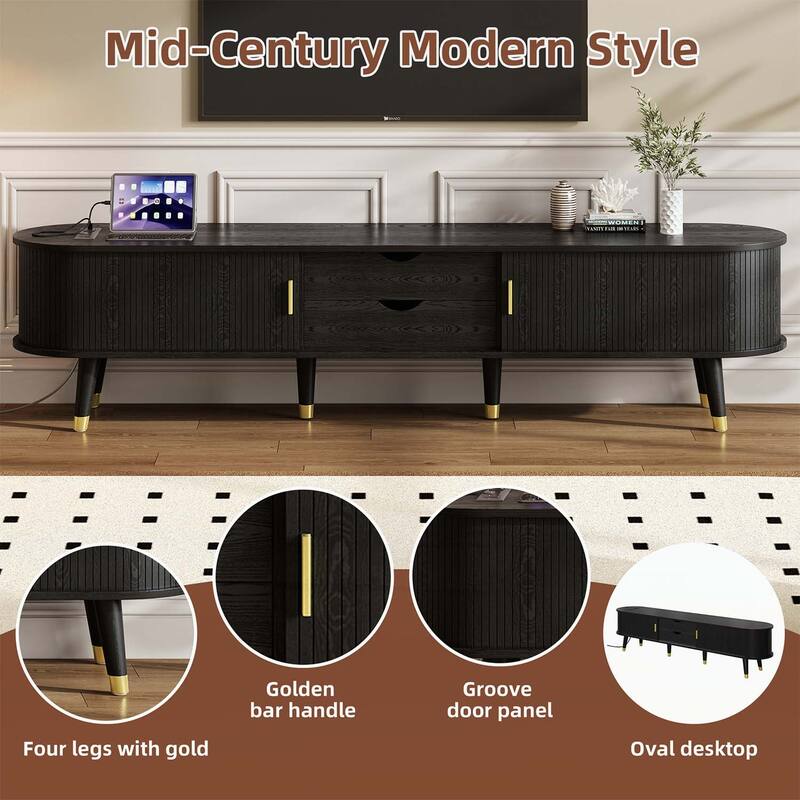 Mid-Century Wooden Oval Fluted TV Stand with Charging Station,Sliding Tambour Door