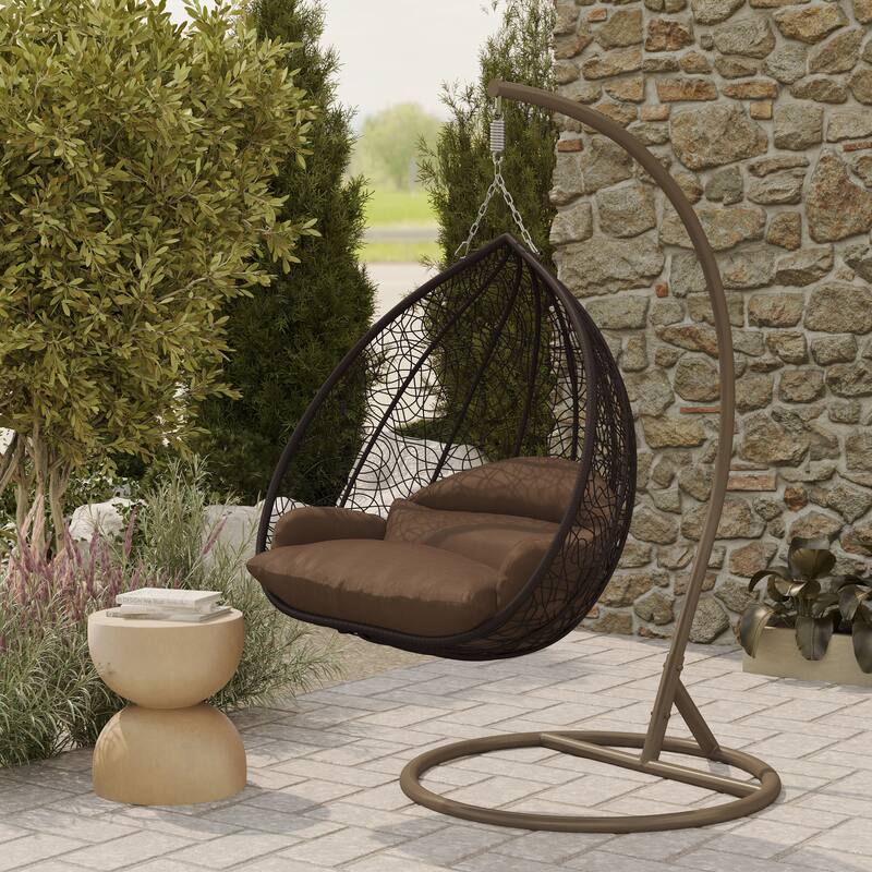 2-Person Egg Swing Chair in Brown Stainless Steel 2-Seater Porch Swing with Stand for Outdoor and Indoor - 77.95" Height