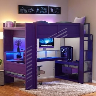 Wood Twin/Full Size Gaming Loft Bed with Desk, Multi-storage Shelves, LED and Charging Station