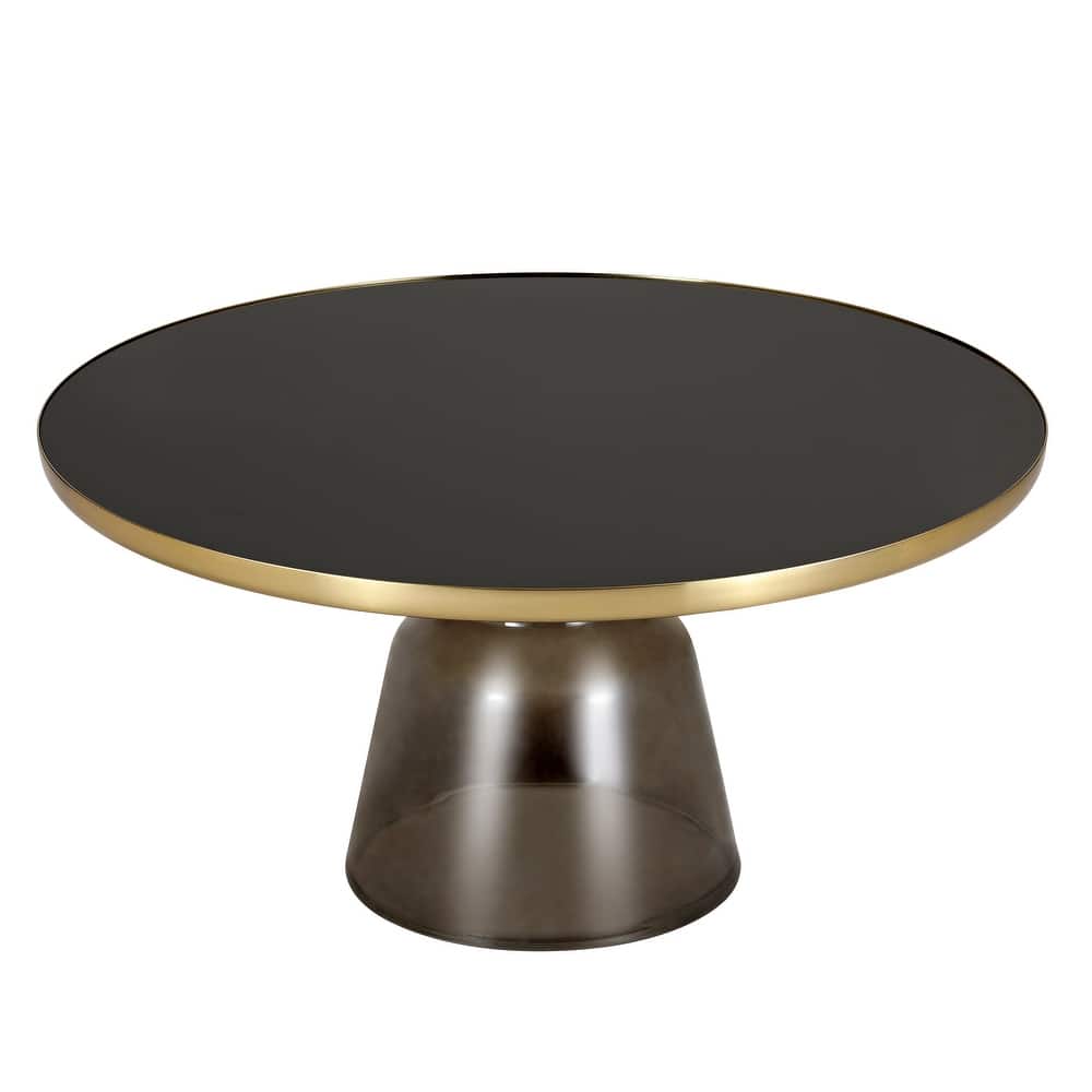 Tully Modern Round Glass/Stone Coffee Table with Brushed Gold Iron Rim Frame Glass Pedestal Base Fully Assembled