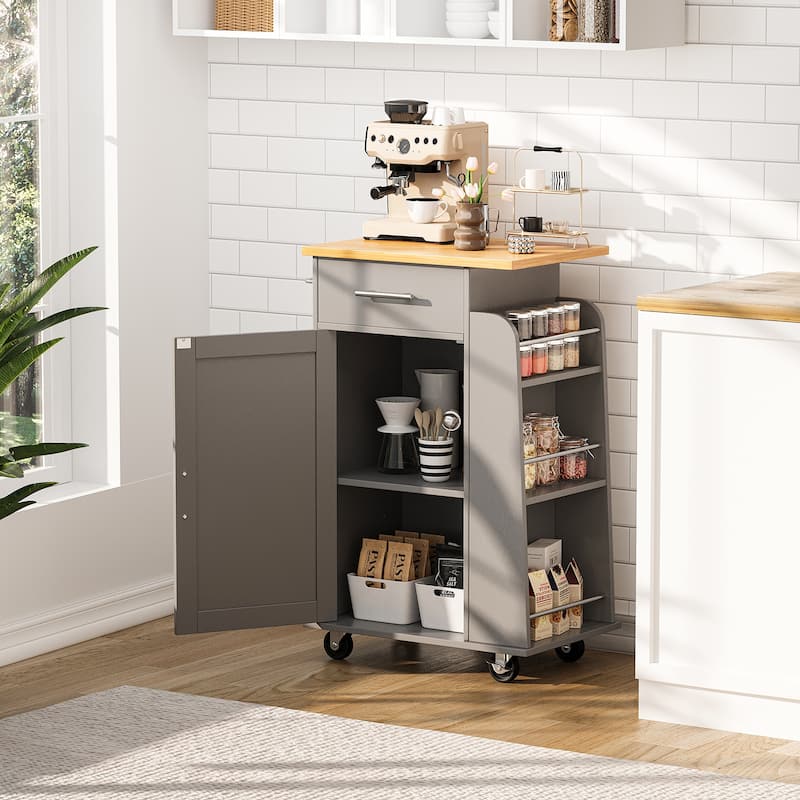 Rolling Kitchen Island with Storage Cabinet & Spice Rack & Drawer – Rubber Wood Top - Grey
