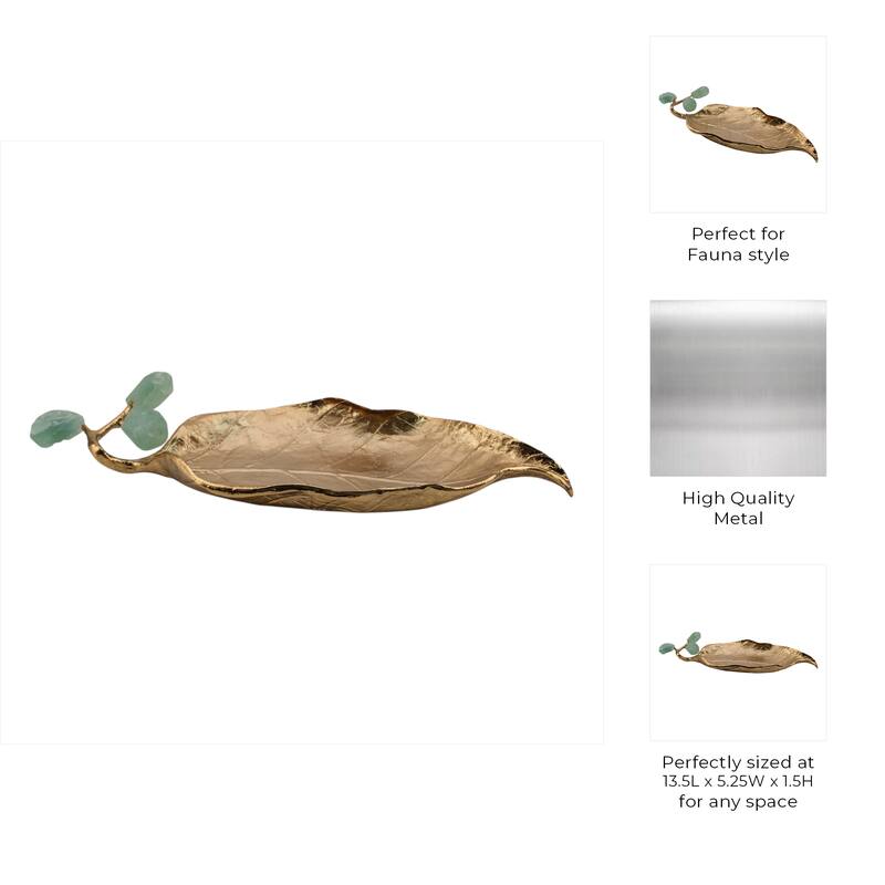 Metal Leaf Sculpture with Gemstone Detail Modern Accent - 14" Gold - 13.5" x 5.25" x 1.5"