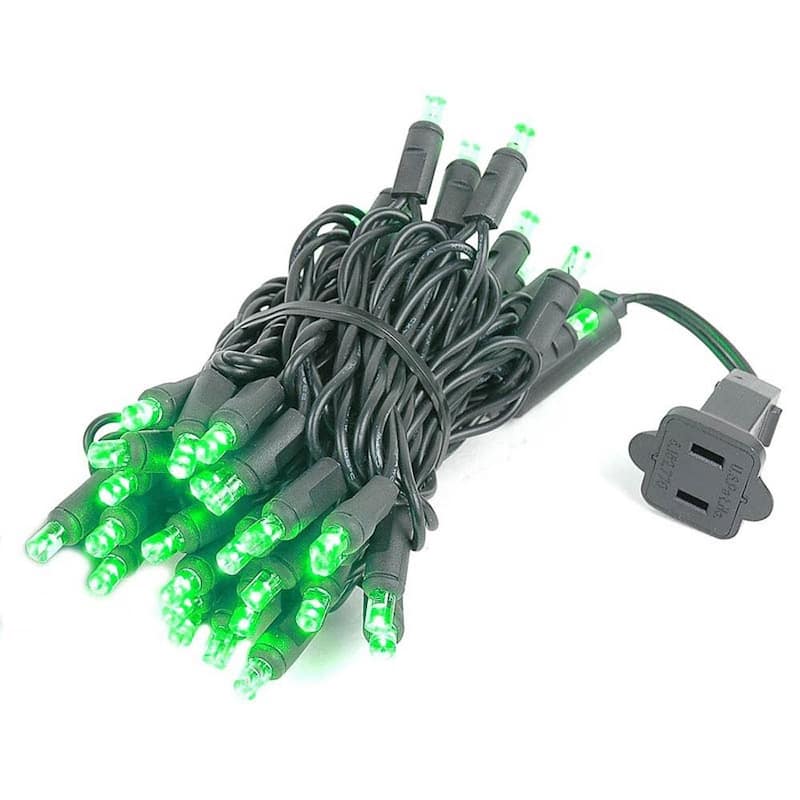 50 Light LED Christmas Mini Light Set, Patio Lights, Warm White, Black Wire, 11’ - Green