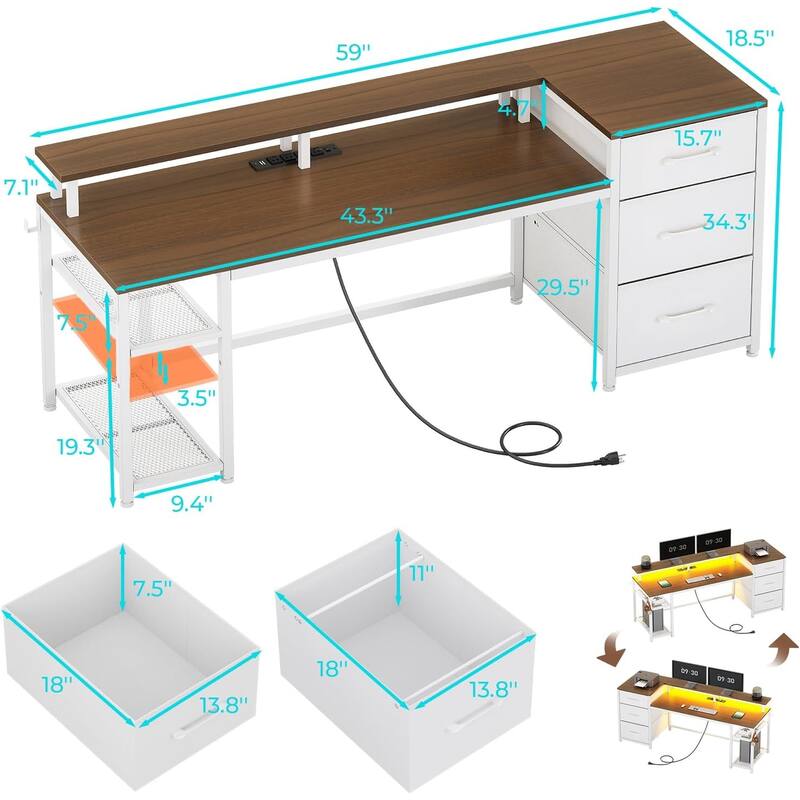 Office Desk 3 Fabric Drawers Computer Desk LED Lights & Power Outlet