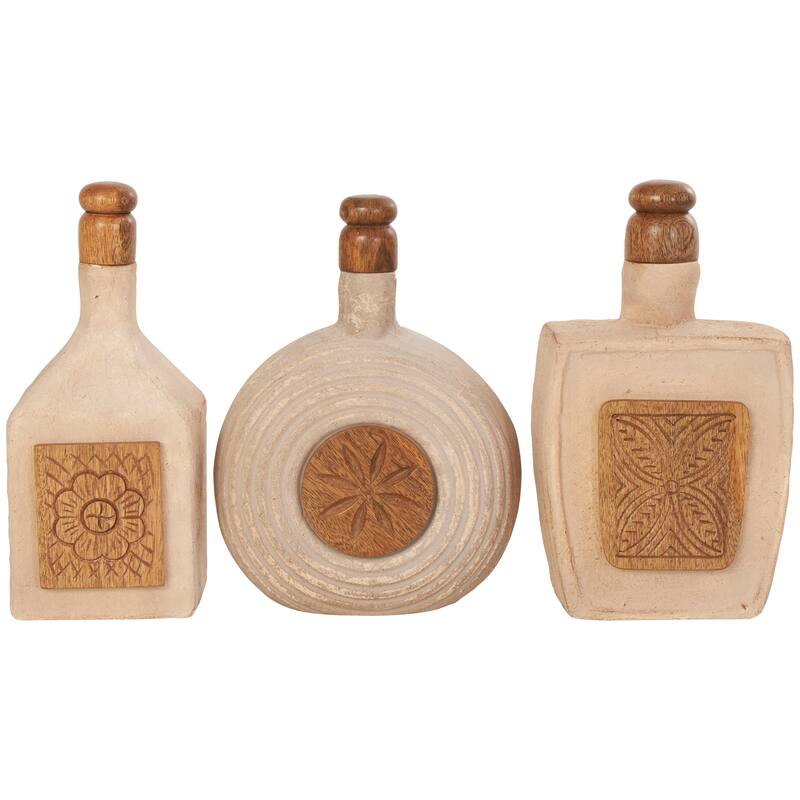 Paper Mache Floral Decorative Jars with Varying Shapes and Carved Wood Etchings - Set of 3 Brown - Roche River Decor