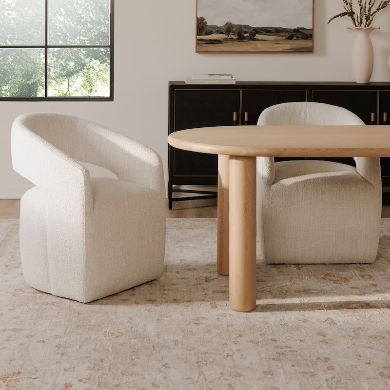 NADAAL STUDIOS Bailey, Rolling Dining Chairs Solid Wood with Performance Boucle Upholstery, White
