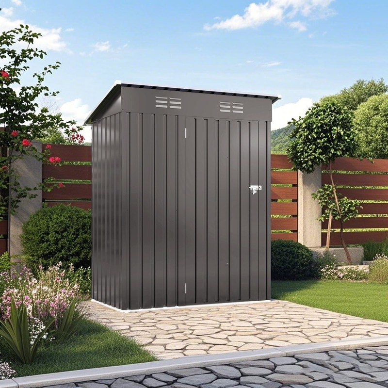 5X3 FT Metal Outdoor Storage Shed, Tool Shed with Pitched Roof and Lockable Door, Compact Metal Tool Shed - 5x3FT