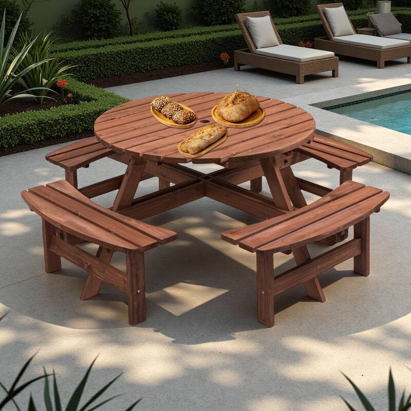 8-Person Outdoor Patio Fir Wood Round Picnic Dining Set with 4 Built-in Benches and Umbrella Hole - Brown