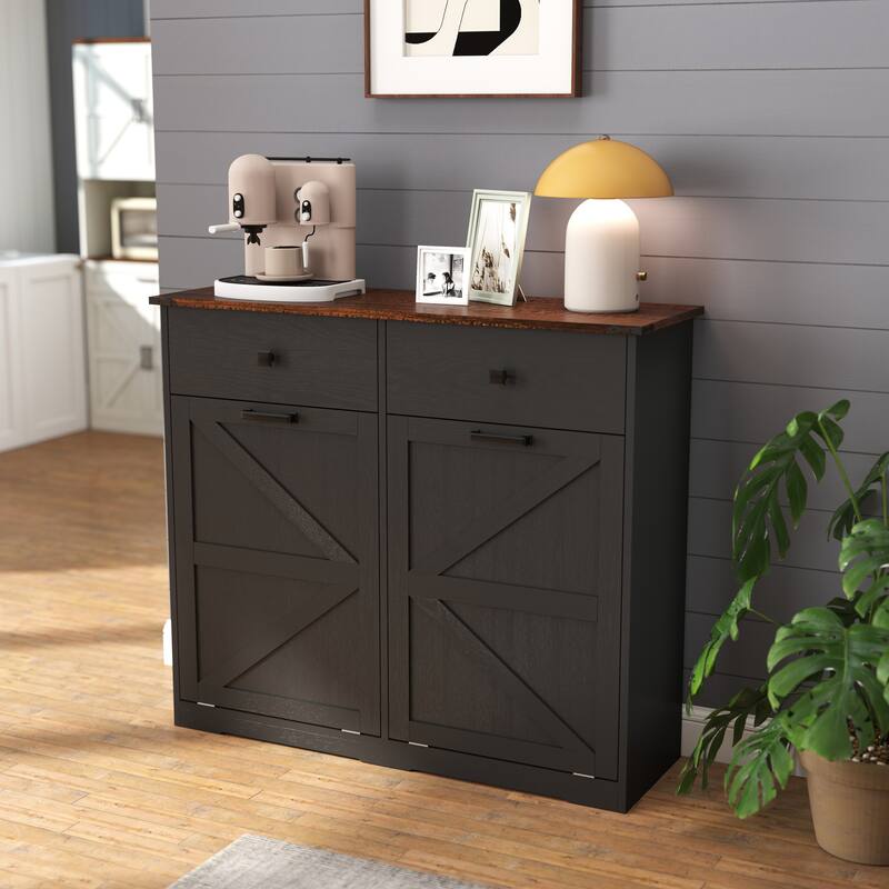 Tilt Out Trash Cabinet, Freestanding Wooden Trash Recycling Cabinet, Hidden Dual Laundry Cabinets with 2 Drawers & 2 Baskets