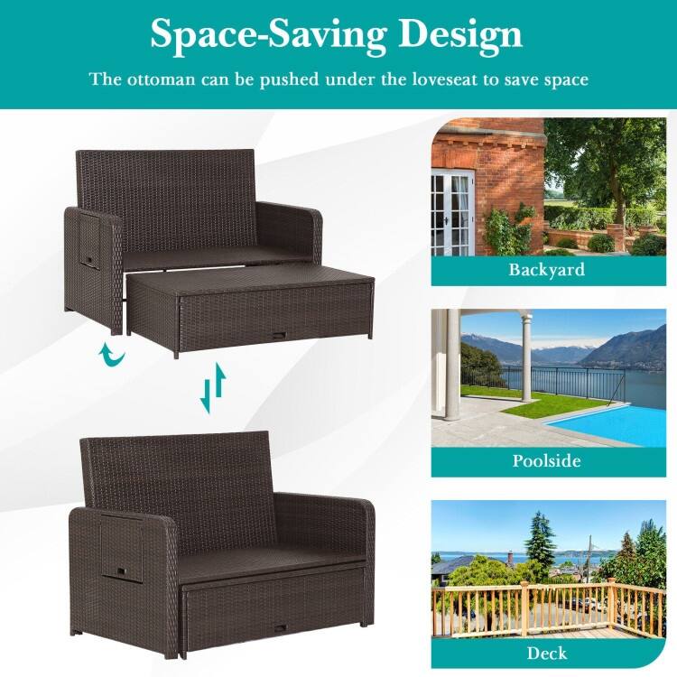 Patio Rattan Daybed with 4-Level Adjustable Backrest and Retractable Side Tray - 31" x 67" x 36"