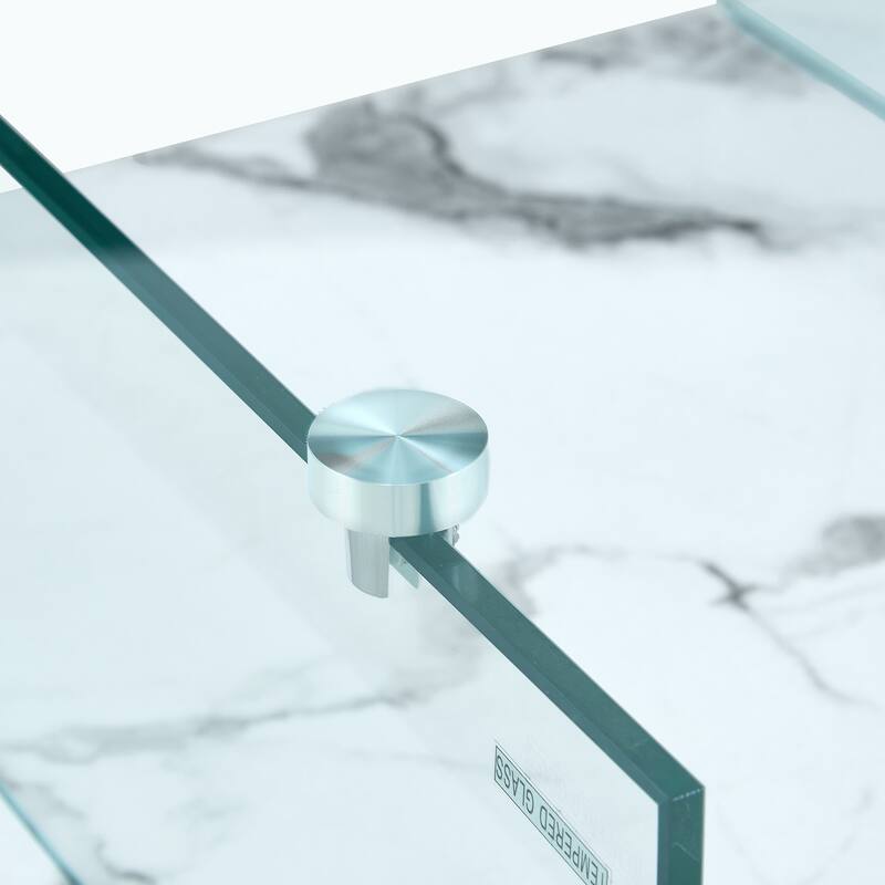 Roomfitters Square Glass Coffee Table with Walnut Finish, Two-Tier Modern Accent Table for Compact Spaces