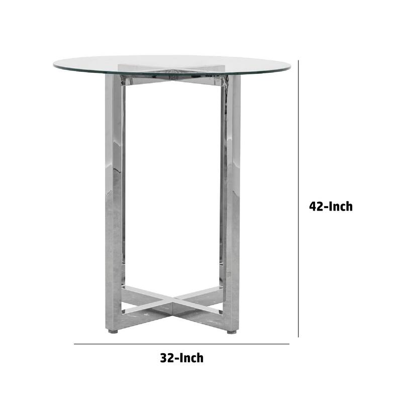 Eun 32 Inch Round Bar Table with Clear Glass Top, Cross Base, Chrome