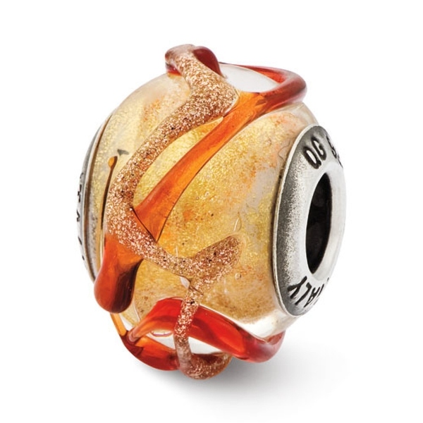 Italian Sterling Silver Reflections Yellow with Brown Textured Lines Glass Bead (4mm Diameter Hole)
