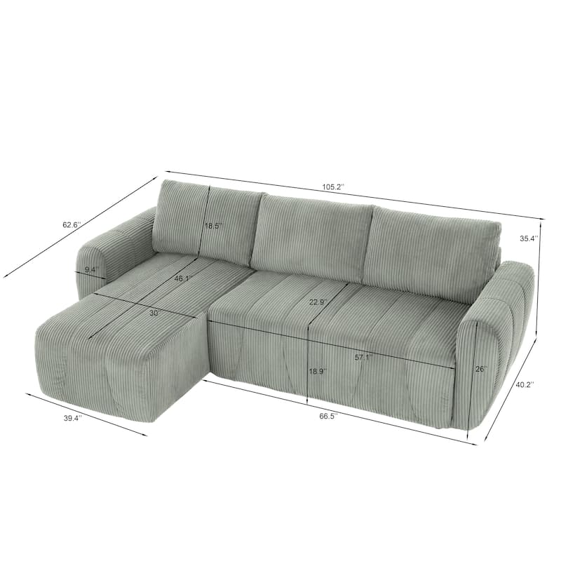 Roomfitters Convertible Sectional Sofa Couch, Modern 3-Seater L-Shaped Sofa Bed with Storage, Corduroy Upholstery, Grey