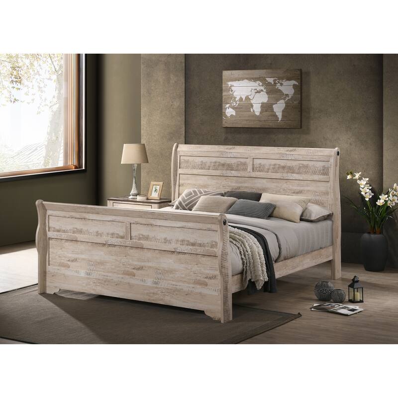 Imerland Contemporary White Wash Finish Bedroom Set with King Sleigh Bed, Dresser, Mirror, Two Nightstands