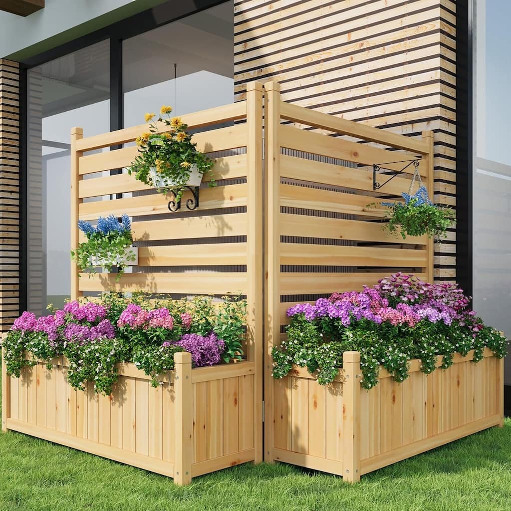 2-Pack 34x40 Inch Solid Wood Privacy Fence Panels with Planter Box - Outdoor AC Unit Cover and Decorative Garden Screen