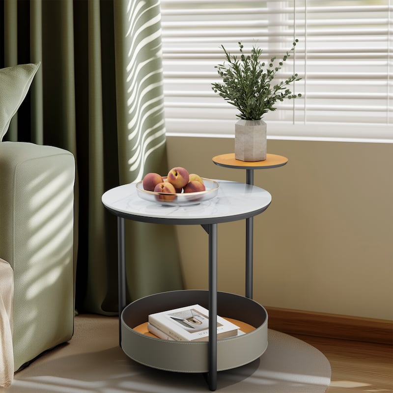 Unique Round Side End Table with 3-Tiers,Sintered Stone-top,Microfiber Saddle Leather Shelves,Accent Bedside Table for Room