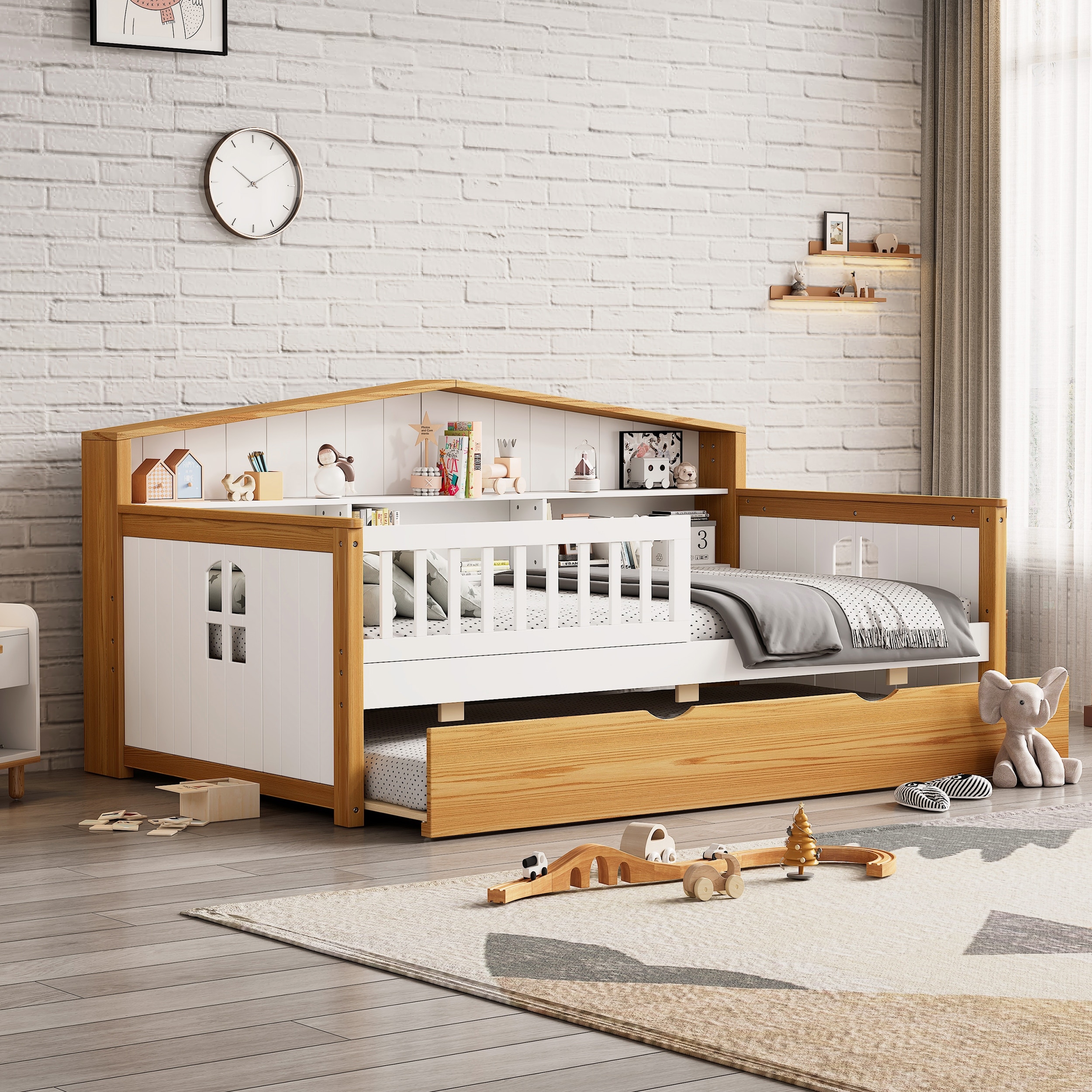 Twin Size House Shape Kids Daybed Frame with Trundle & Bookcase Headboard for Bedroom, No Box Spring Needed, Walnut + White
