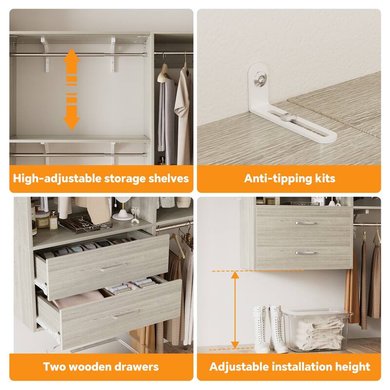 Closet System with 2 Sets, 154'' Walk-in Closet Organizer System with 2 Drawers & 8 Hanging Rods & 6 Reversible Shelf Towers