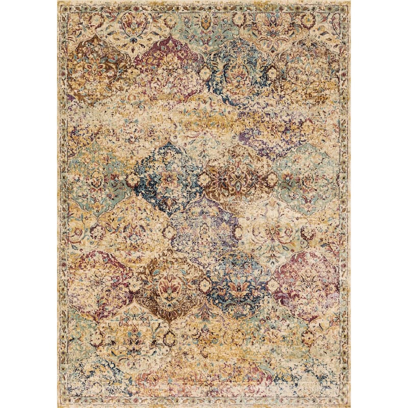 Alexander Home Contessa Traditional Damask Distressed Rug - 6'7" x 9'2" - Ivory/Multi - Rectangle
