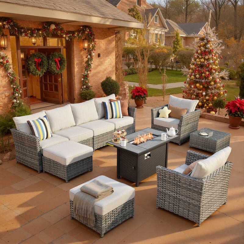XIZZI 10-piece Patio Furniture Outdoor Sectional Sofa Set with Fire Pit - Beige