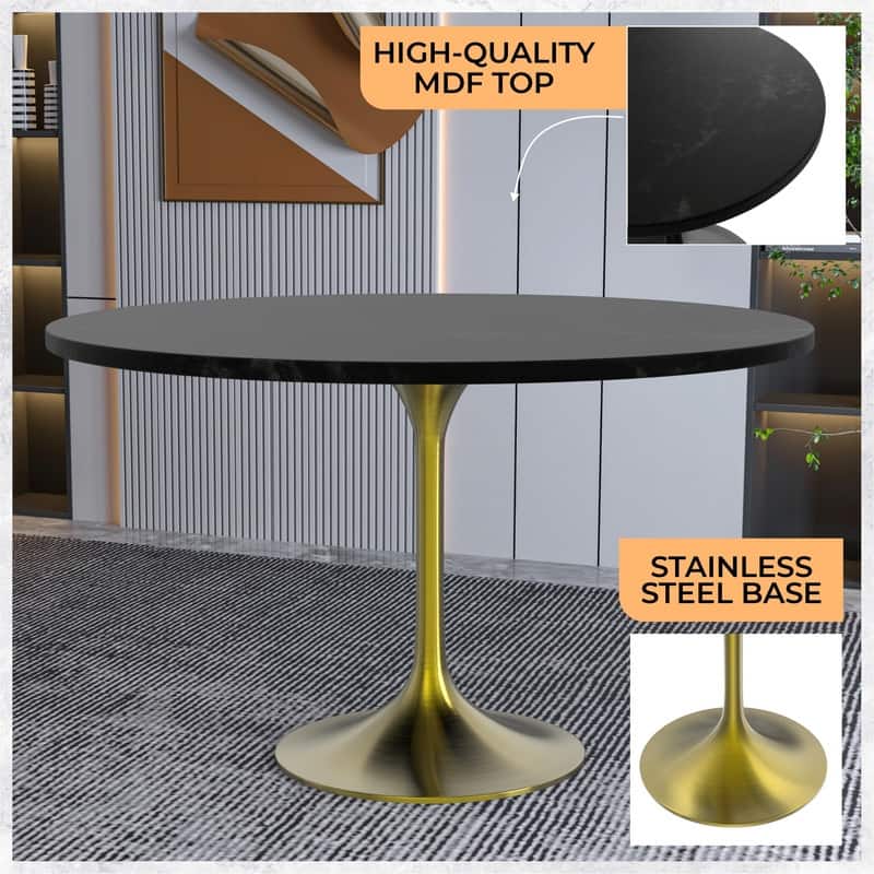 LeisureMod Verve 48" Round Dining Table with MDF Wood TableTop and Brushed Gold Base for Kitchen & Dining Room