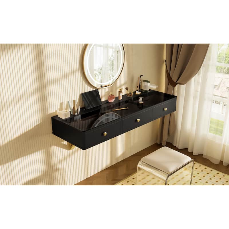 Floating Vanity Desk with Glass Top & Drawers, Wall Mounted Makeup Vanity Desk, Dressing Table with Tablet Holder