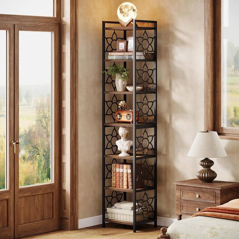 7-Tier Tall Corner Shelf, 78.74" Narrow Corner Bookshelf Bookcase with Metal Frame