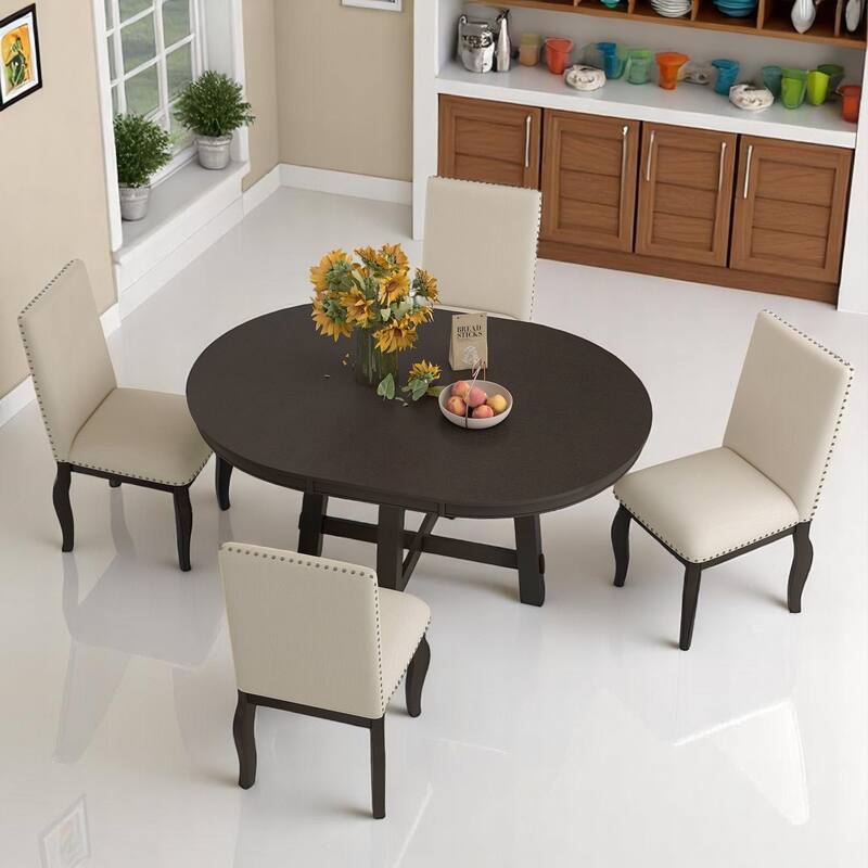 5-Piece Farmhouse Dining Set, Round Extendable Table with 4 Upholstered Chairs, Wood Dining Set for Kitchen and Dining Room