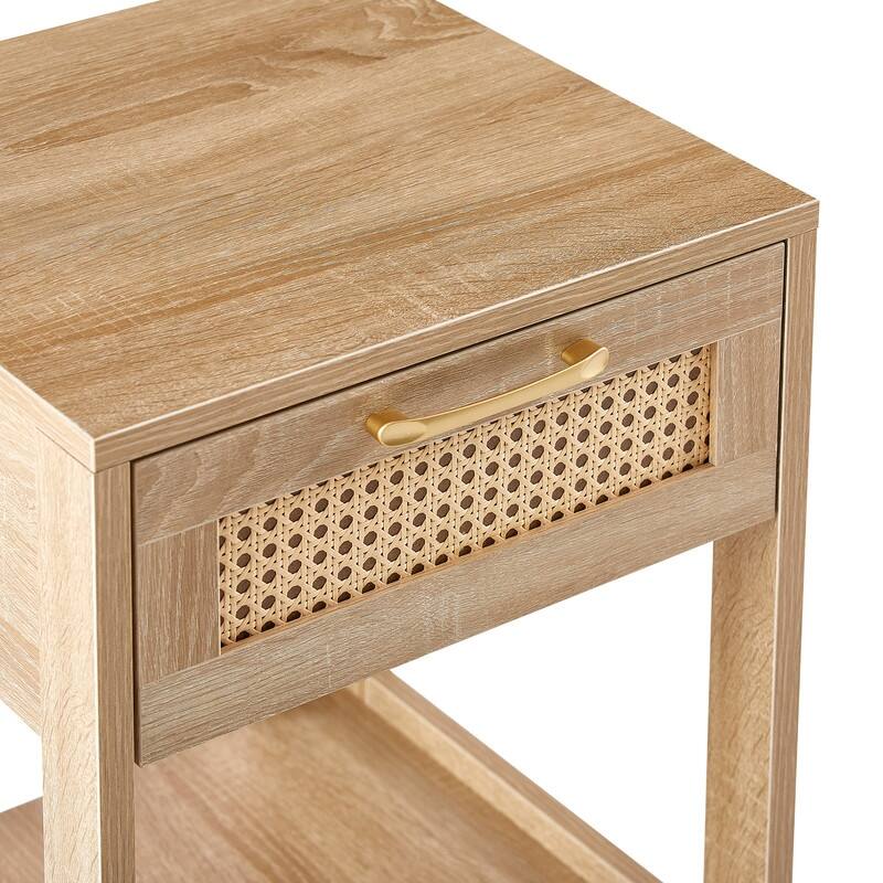 Mid-Century End Table with Storage Drawer and Open Shelf Rattan Bedside Table Small Side Table