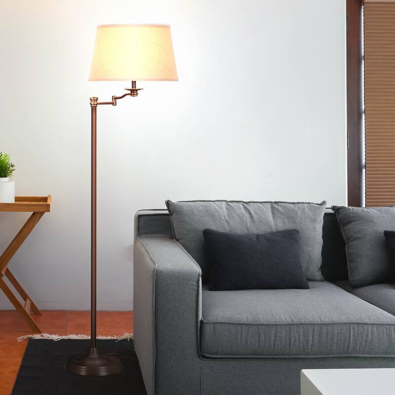 Brightech Caden 62 in. Oil Brushed Bronze Mid-Century Modern Extendable LED Floor Lamp with Beige Fabric Drum Shade