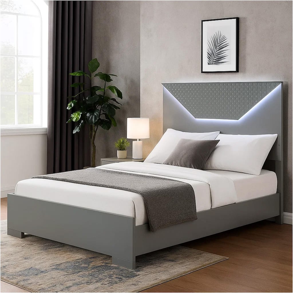 Ivon Queen Size Bed, 3D Embossed LED Headboard, Gray Solid Hardwood