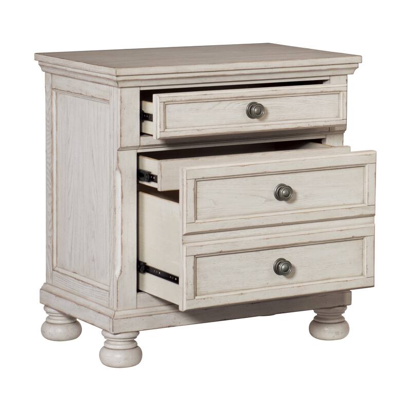 Transitional Wire-Brushed White Nightstand, Hidden Drawer, Bun Feet, Classic Style