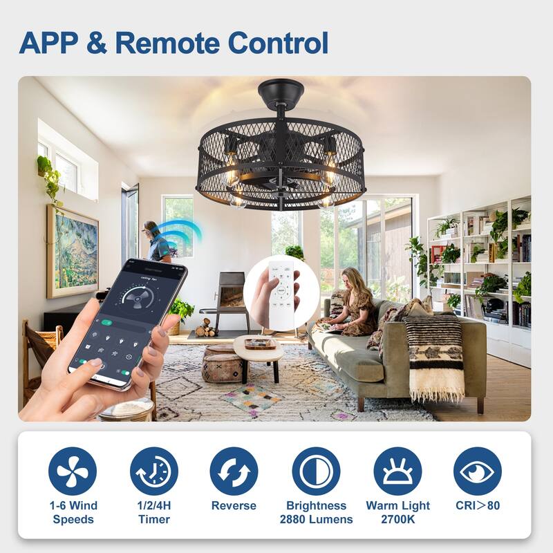 20-26" Caged outdoor Ceiling Fan with Light: Remote App Control-Farmhouse Fandelier Flush Mount Fixture Reversible 6 Speed Timer