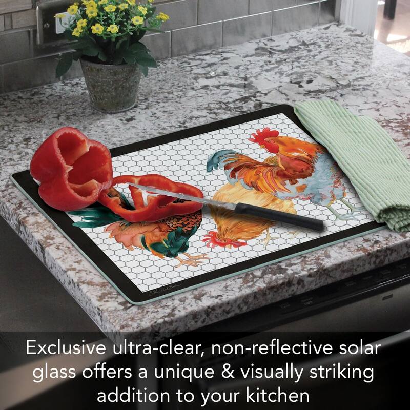 Whimsical Roosters 3mm Heat Tolerant Tempered Glass Cutting Board 15” x 12” Manufactured in the USA Dishwasher Safe