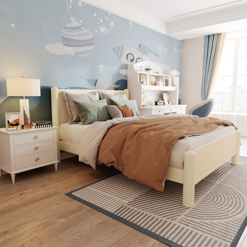 Queen Size Wood Platform Bed with Headboard, Solid Wood Legs, No Box Spring Needed, Beige