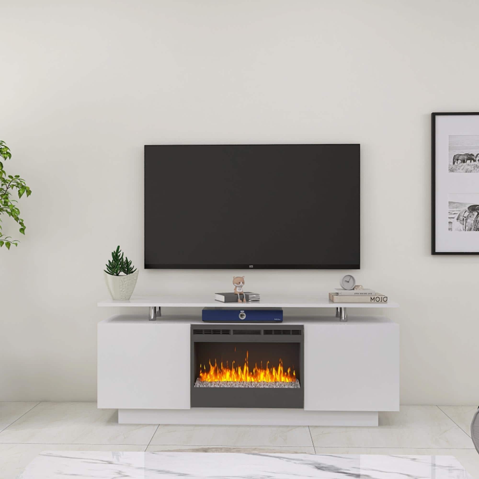GEROJO High Gloss White Tempered Glass 70-inch TV Stand with Fireplace, Tiered Storage, 9 Color Flames, Over-heating Protection