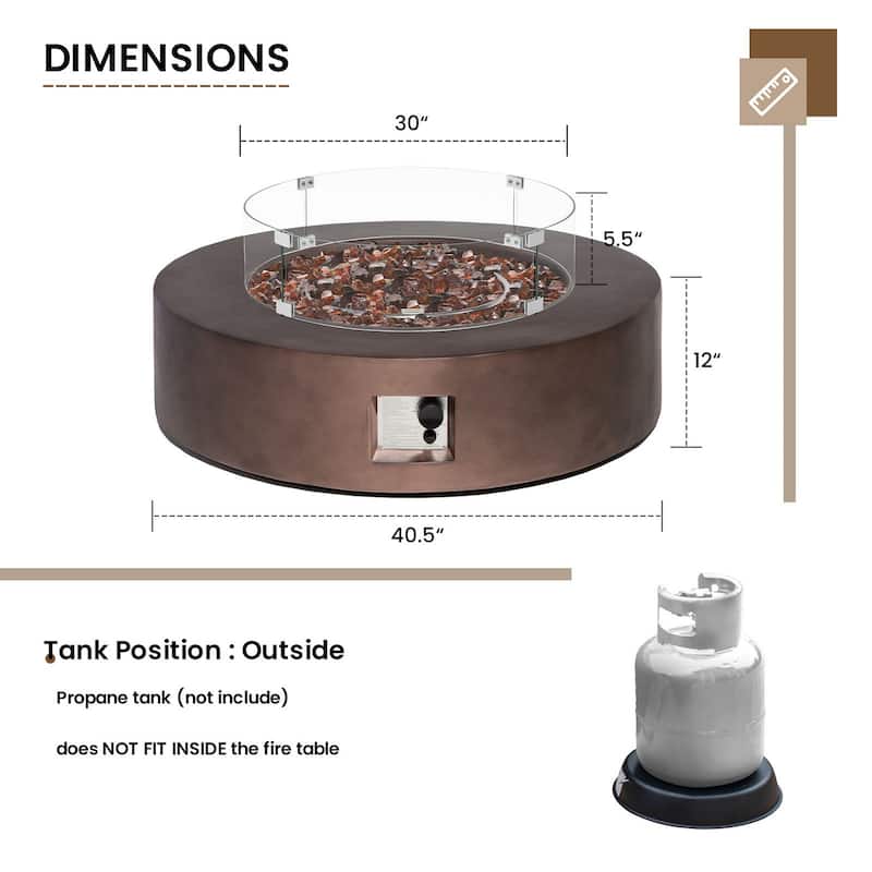 SUNBURY 42''Round Propane Fire Pit w Wind Guard and Fire Glass