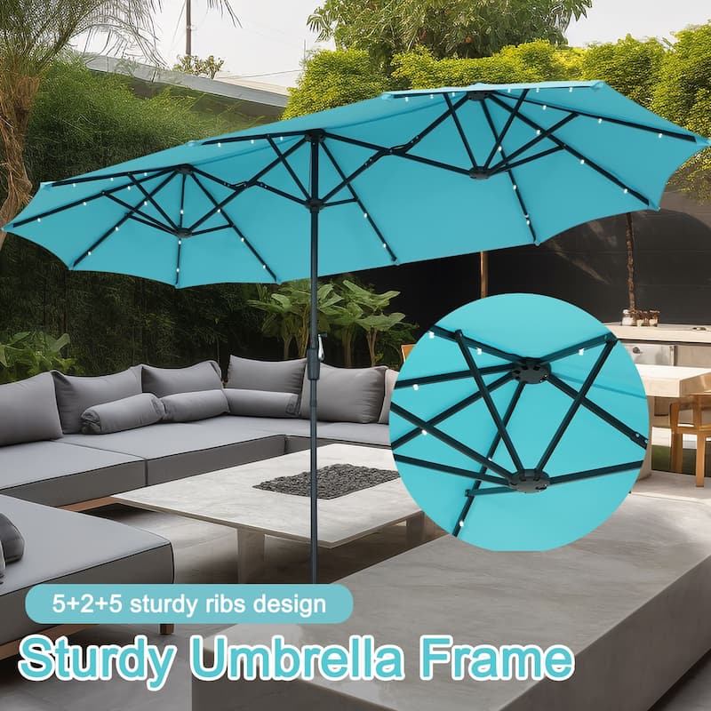 Ainfox 13ft Double-sided Patio Umbrella Solar LED Lighted Outdoor Martet Umbrella with Base