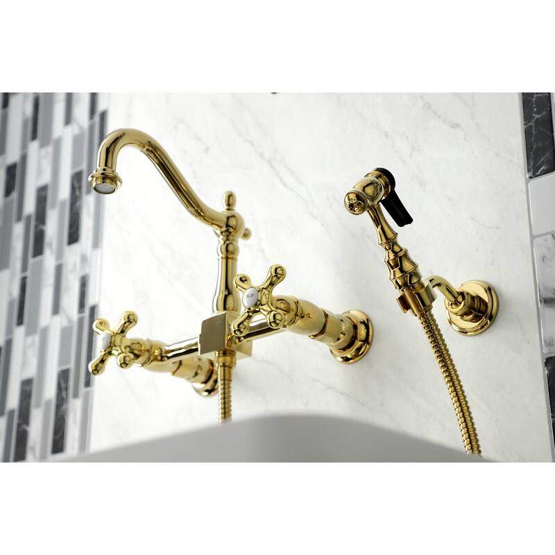 Kingston Brass Heritage Wall Mount Bridge Kitchen Faucet with Brass Sprayer - Polished Brass