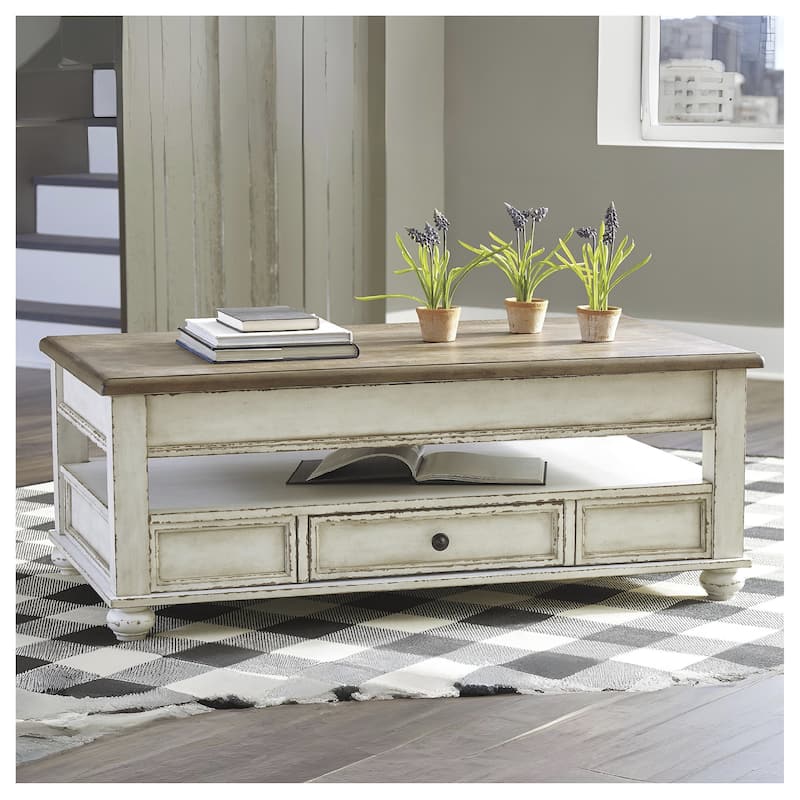 Realyn White/Brown Traditional Lift Top Cocktail Table - Wood