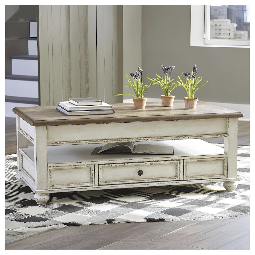 Realyn White/Brown Traditional Lift Top Cocktail Table