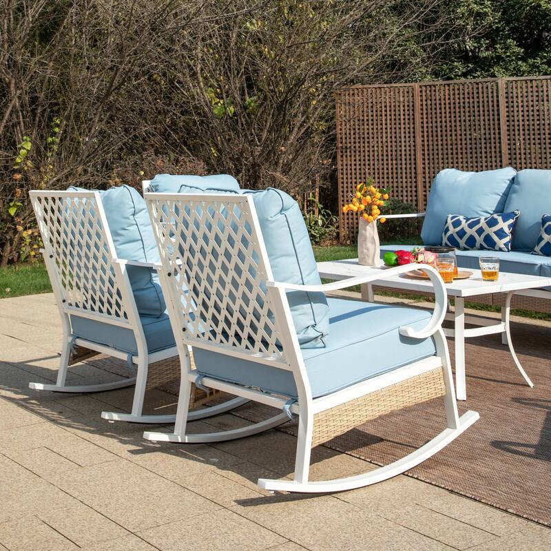 MAISON ARTS 7-Seat Patio Conversation Set, 2/4 x Cushioned Metal Chair, 1 x 2-Seat Sofa,1 x 3-Seat Sofa with Coffee Table