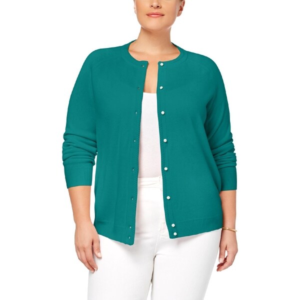Karen Scott Womens Plus Ribbed Trim Long Sleeves Cardigan Sweater