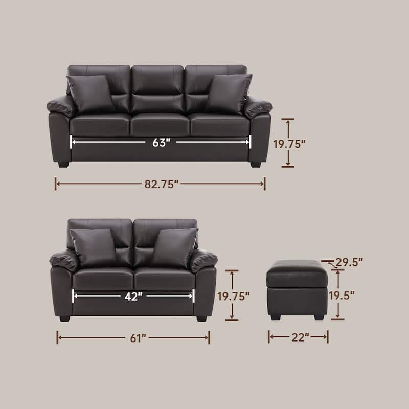 Upholstered Living Room Set, 3 Pieces - Faux Leather Loveseat, Sofa with Ottoman