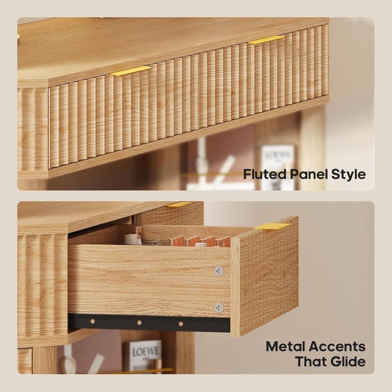 Corner Vanity Desk with Lighted Mirror Drawers Shelves Storage Stool