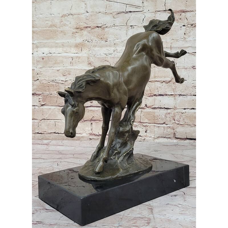 Jumping Wild Imitative Horse Mustang Stallion Bronze Sculpture Statue On Marble Base