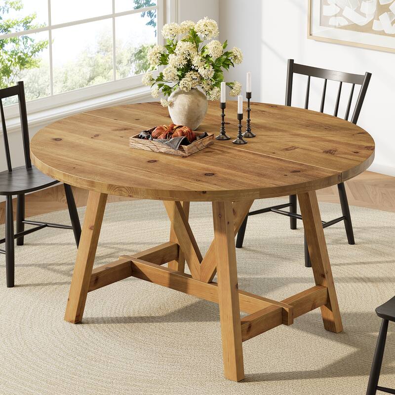 47 Inch Round Solid Wood Dining Table for 4-6, Farmhouse Kitchen Table - 47.24" D x 47.24" W x 29.53" H